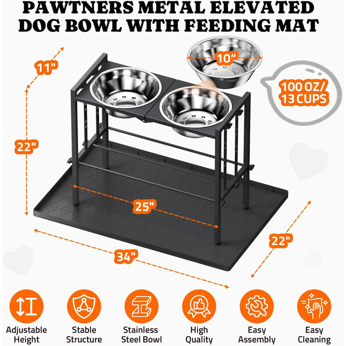 Підвищені годівниці для собак великих порід – металеві годівниці з 3 регульованими рівнями, стійкий підставник для великих та екстра-великих собак (Об'єм: 13 чашок*2), чорного кольору з підлогою-мат