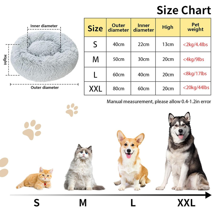 Кругле ліжко для котів та собак, 60 см, м'яке, плюшеве, миється, сірий колір