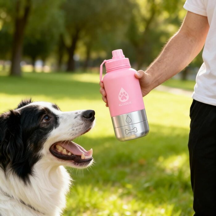 Поїлка для собак на прогулянці 1000 мл з мішечком, 4-в-1 ізотермічна фляга з нержавіючої сталі, не протікає, BPA-free з мисками для води та корму, аксесуари для собак (Рожева)