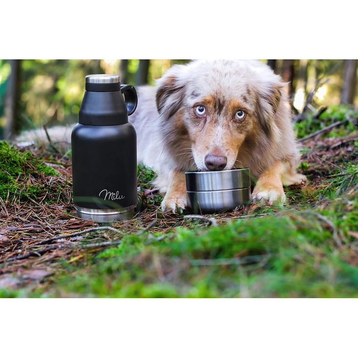 Водяна пляшка для собак Milu 950 мл з мискою для корму - ізольована сталева пляшка для собак, чорна