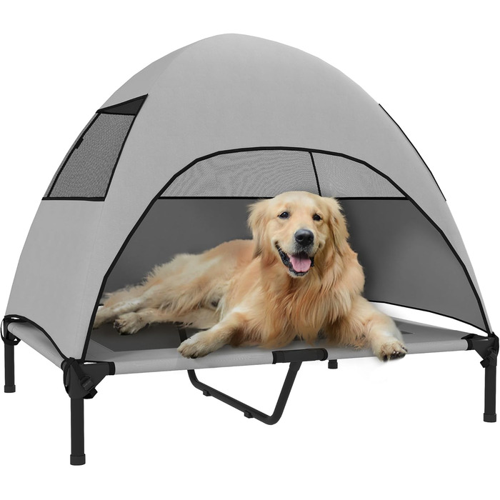 Лежанка для собак PawHut Outdoor з дахом, підняте ліжко для середніх собак, ліжко для домашніх тварин з охолоджуючим ефектом, миється сітчастий сталевий каркас, переносна сумка, ліжко для собак для вулиці, кемпінгу 76x61x71cm, (L 91 x W 76 x H 90 cm, світ