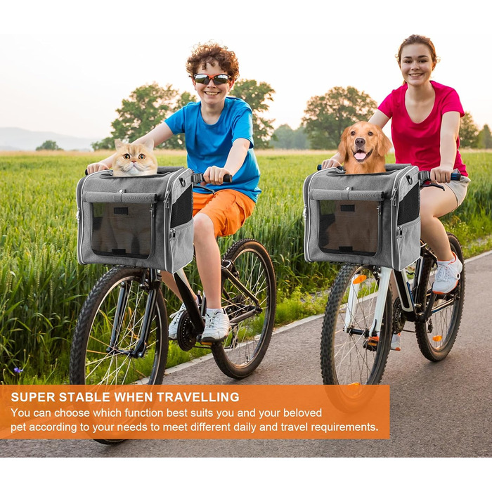 Корзина для собак на велосипед, складана 3-в-1, сіра. Підходить для малих та середніх тварин до 12 кг. З L-потриманням та 4 сітчастими віконцями.