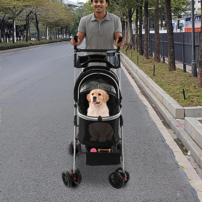 Візок для собак та котів, розкладний, до 12 кг, з кошиком та страхувальним тросом, чорний