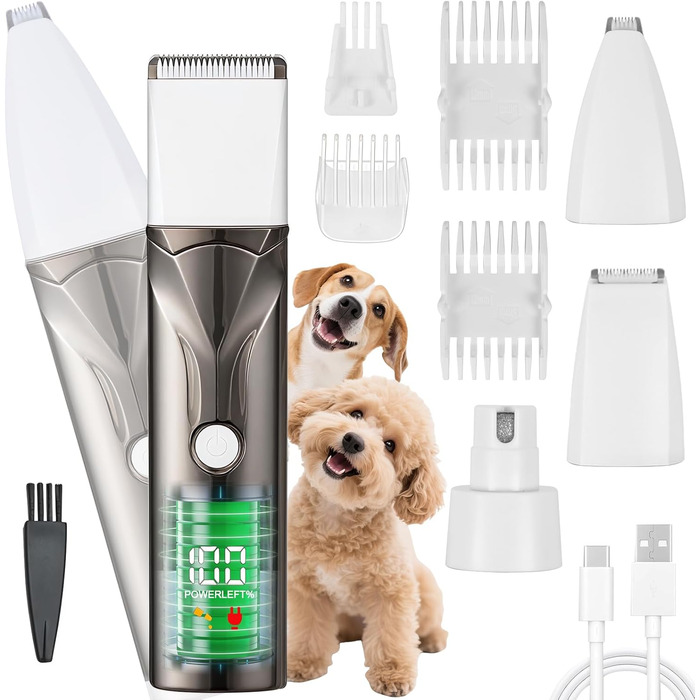 Набір для стрижки собак 4 в 1 Ninonly: тиха, акумуляторна машинка для собак та котів з 4 насадками для тіла, лап, очей та вух. Тример для лап. Колір: Gunmetal