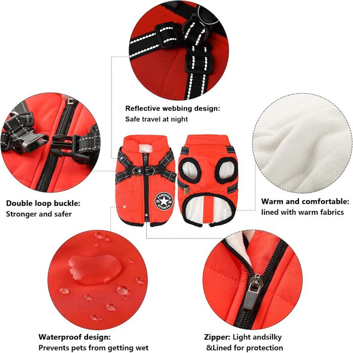 Тепла зимова куртка для собак Aiboria 2-в-1: вітронепроникна, водонепроникна, жилет-шлейка, розмір 4XL (червоний)