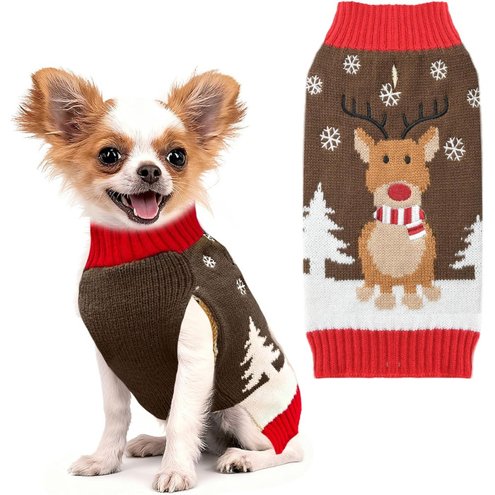 Стильний святковий светр для собак: теплий, м'який, з рентієром, для маленьких собак, коричневий, для осені та зими
