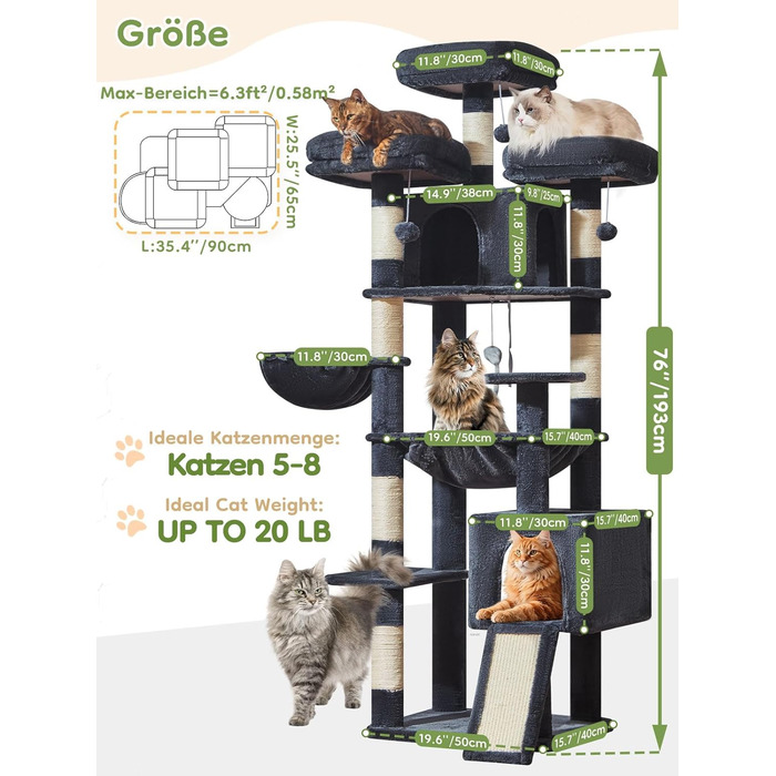 Котячий будиночок Taoqimiao 193 см XXL: великий, стабільний, з 2 будиночками, 7 стовпчиками для дряпання, гамаком та кошиком (MS047G, сірий)