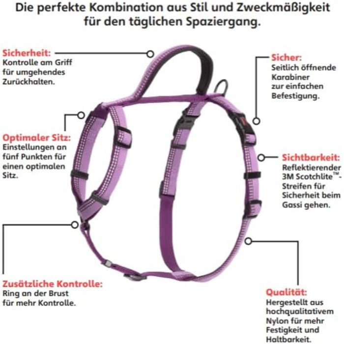 Шлейка для собак HALTI Walking з м'яким неопреновим наповнювачем, 5 регульованих ременів та світловідбиваючим матеріалом 3M, розмір M, колір фіолетовий