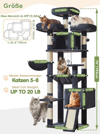 Котячий будиночок Taoqimiao 193 см XXL: великий, стабільний, з 2 будиночками, 7 стовпчиками для дряпання, гамаком та кошиком (MS047G, сірий)