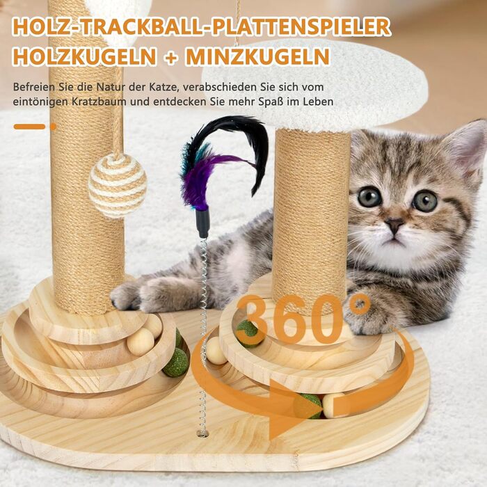 Інтерактивна іграшка для котів 6 в 1, дерев'яні котячі меблі з підвісними кульками, пір'ями, поворотним шариком, котячий когтетоп з сизалю та джуту для кошенят та середніх котів, зелений (білий)