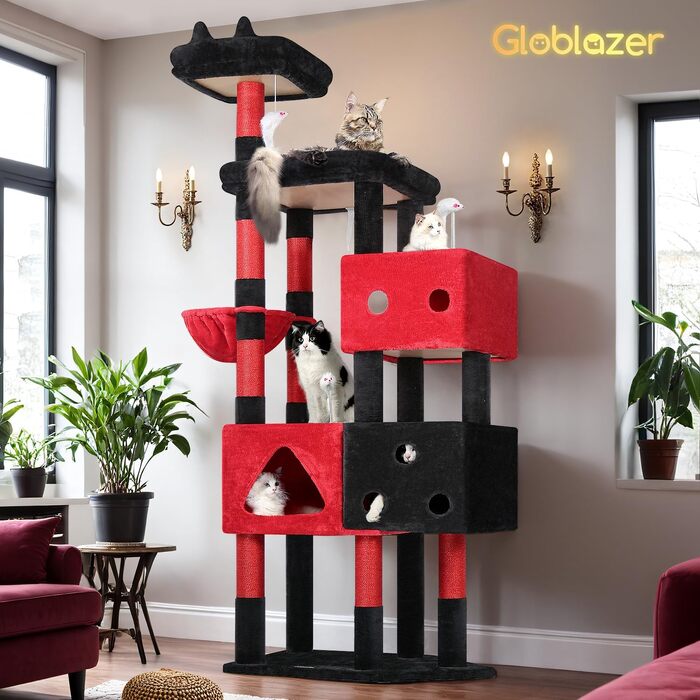 Комплекс для котів Globlazer XXL 207 см з будиночком 45х35 см, платформами, стійками та кошиком - подрядний стовпчик з сизалю для великих котів (чорно-червоний)