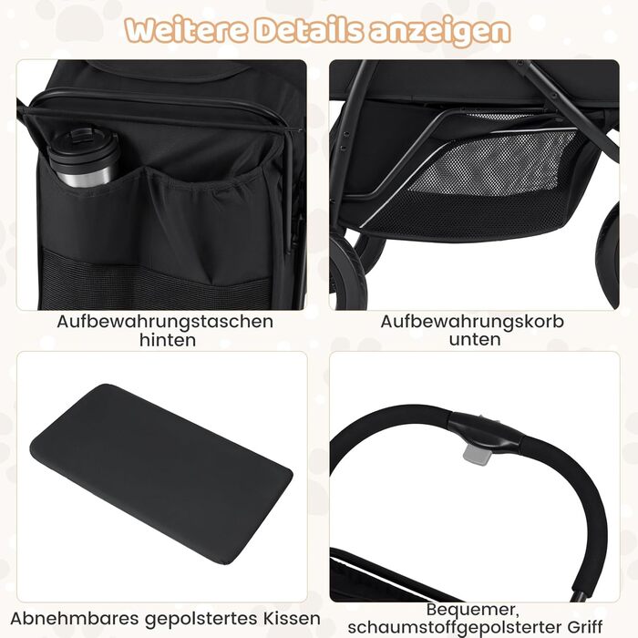 Візок для тварин Costway, розкладний, до 25 кг, для собак та котів, 3 колеса, регульоване сонцезахисне дах, сітчасте вікно, кошик та подушка, чорний