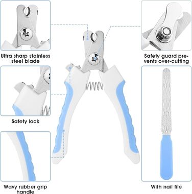 Набір для догляду за шерстю для котів та собак 7 предметів: щітка, триммер для нігтів, гребінець від бліх, щітка для миття, зубна щітка, сумка для зберігання (блакитний)