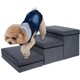 Сходинки для собак з місцем для зберігання, 2 сходинки, складані, широка пандус для домашніх тварин, неслизькі сходи для собак, драбина для домашніх тварин, сходи для собак та котів маленьких та великих порід, темно-сірий 60×40×30 (квадрат)