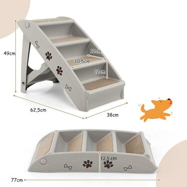 Сходинка для домашніх тварин GYMAX з 4 сходинками, складана, з пластику, з антиковзкими накладками, 4 килимки, трикутна структура, допомога у підйомі для котів та собак (Сірий)