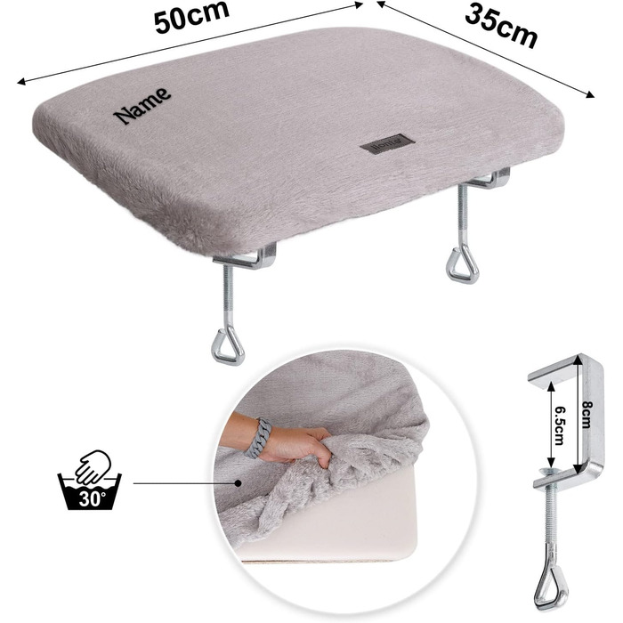 Кішка ліжко для вікна Lionto, м'яке, плюшеве, 35x50 см, без свердління, знімний чохол, до 15 кг, сірий (з нанесенням імені)