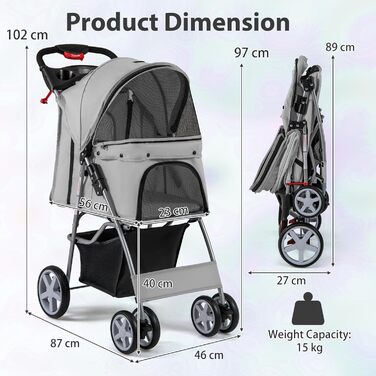 Візок для собак та котів SOARS, до 15 кг, складний, з сіткою, тримачем для напоїв та кошиком для зберігання, сірий