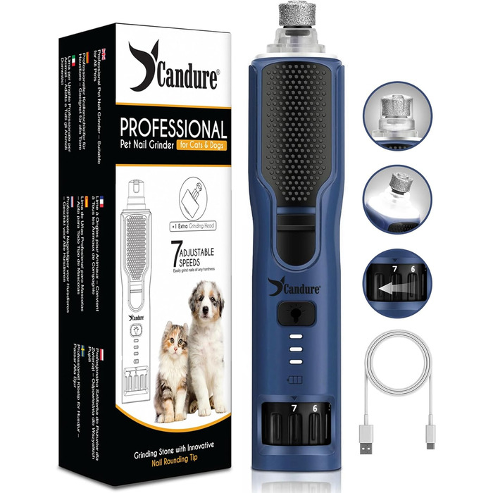 Шліфувальник для собак Candure: тиха акумуляторна машинка для догляду за кігтями з LED-підсвічуванням та змінним насадком, підходить для собак всіх розмірів (Marineblau)