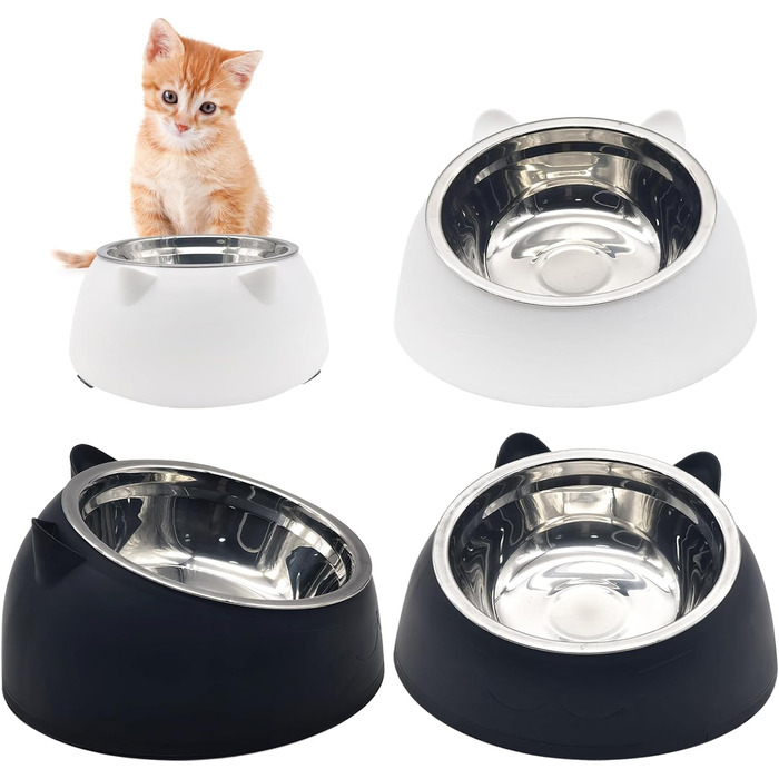 Набори мисок для котів Hamiledyi з підняттям, 4 шт., 15° нахил, нержавіюча сталь, анти-блювотна, не протікає, для кошенят, дорослих котів та кроликів (чорний + білий, 200 мл)