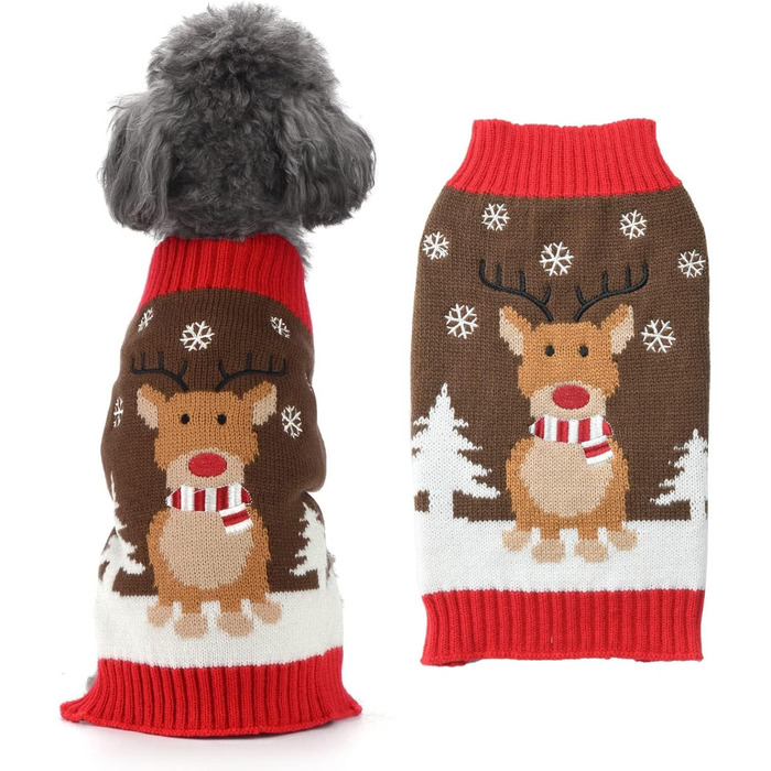 Стильний святковий светр для собак: теплий, м'який, з рентієром, для маленьких собак, коричневий, для осені та зими