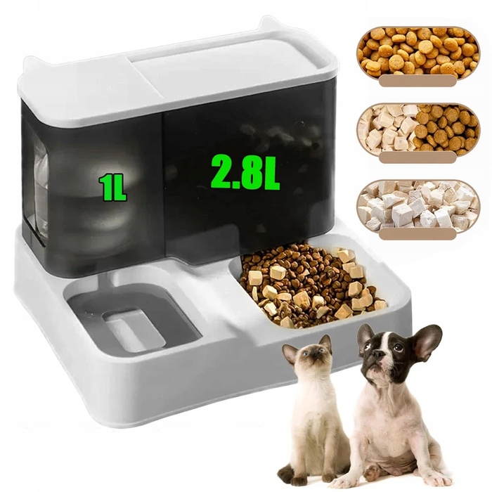 Автоматичний годувальник та поїлка для тварин, великий контейнер 2,8 л + 1 л, сірий