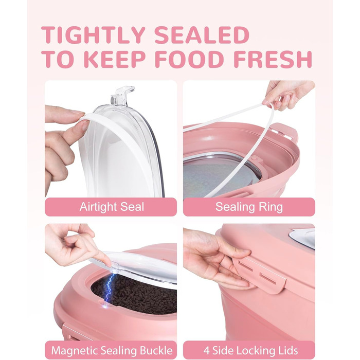 Контейнер для зберігання корму для собак 9-13.6 кг з колесами, повітряно-щільною кришкою, рожевий. Підходить для собак, котів та інших тварин.