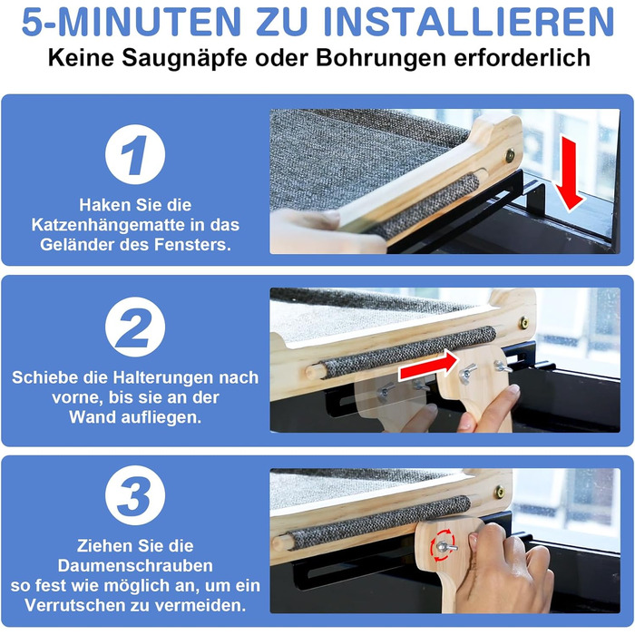 Котів гамак для вікна, лежанка для котів, міцна велика гамак для котів, дерев'яне ліжко для котів на вікно зі знімним товстим чохлом, зручне ліжко для котів на підвіконня, економне місце до 30 кг, чорний