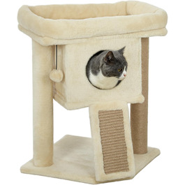 Дерев'яний котячий комплекс PawHut 57 см з будиночком, лежанкою та когтеточкою, іграшкою, для котів до 5 кг, бежевий