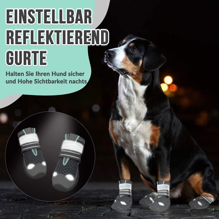 Шкарпетки для собак SlowTon - захист лап, 4 шт. - дихаючі, з антиковзкою підошвою, регульовані, світловідбиваючий кріплення. Підходять для собак маленьких, середніх та великих порід. Колір: сірий. Розмір 4: ширина 5.5 см