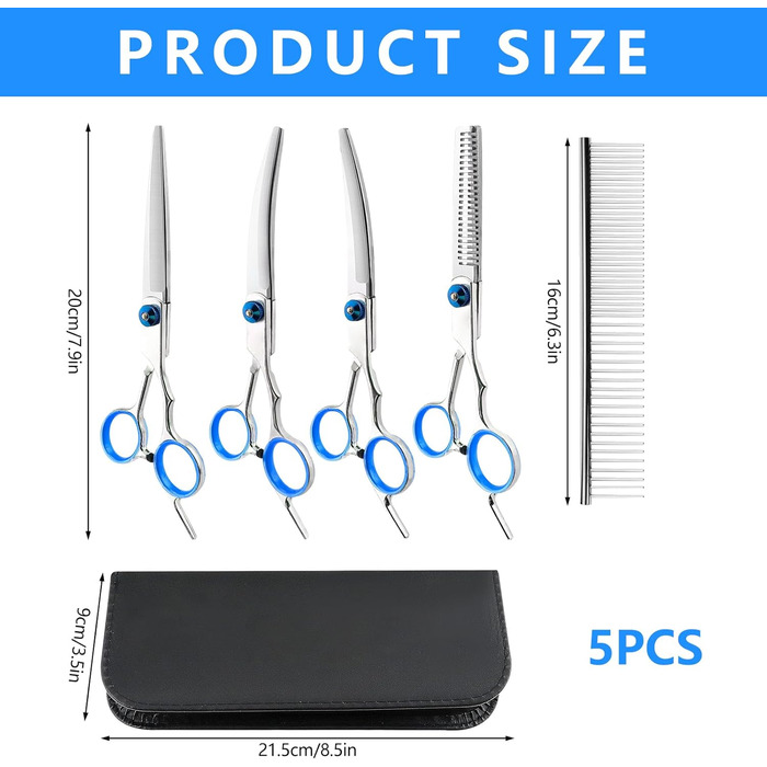 Набір професійних ножиць для собак 5 в 1, ножиці для грумінгу, з металевим гребінцем та шкіряним чохлом