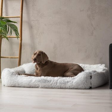 Ортопедичне ліжко для собак Tierlando® Pedro Shaggy з м'яким, пухнастим покриттям з довгого ворсу, знімним Ortho-Plus матрацом, розмір: 160x110 см, колір: світло-сірий