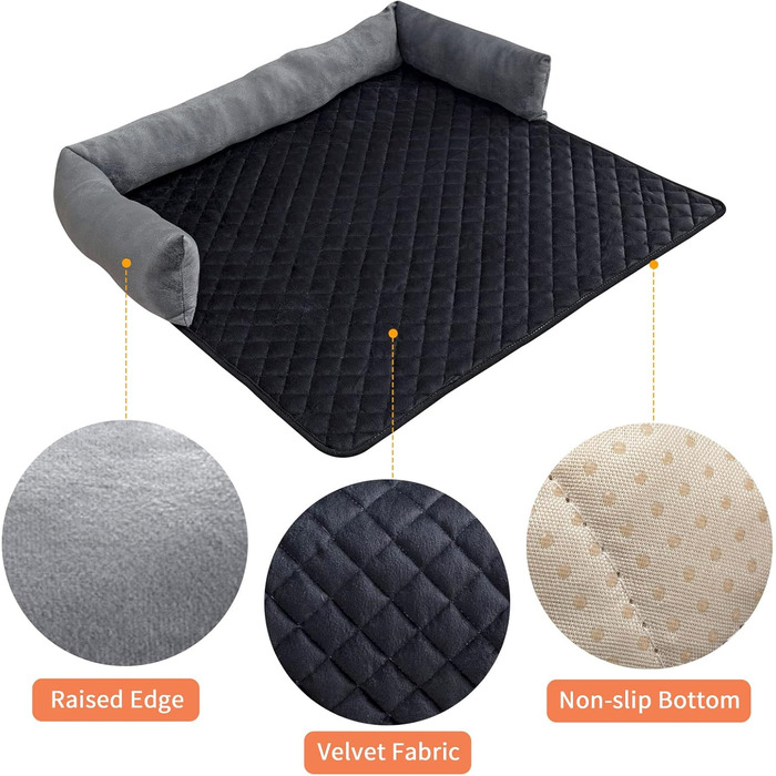 М'яке ліжко-софа для собак та котів з велюру, 75x75 см, сірий/чорний. Захист меблів, антиковзаюче, знімний чохол