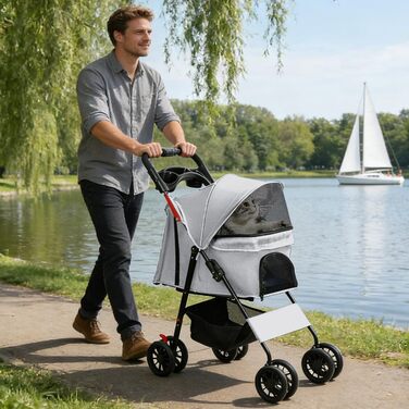 Дитяча коляска для собак та котів Homewell, складана, до 20 кг, з сумкою та підсклянником (сіра)