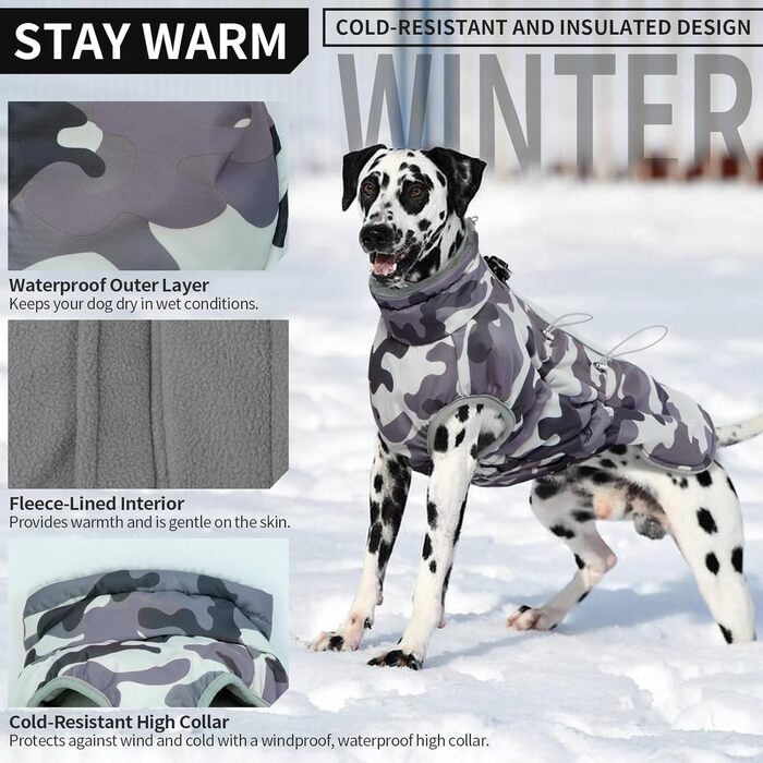 Водонепроникний теплий зимовий одяг для собак - куртка з отвором для шлейки, з відбиваючими смугами, для малих, середніх та великих собак, колір: сірий камуфляж, розмір: S