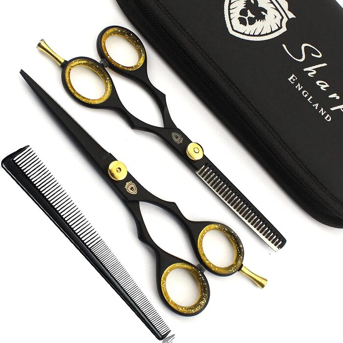 Набір професійних перукарських ножиць SHARPY: чорні ножиці та ножиці для проріджування, 14 см – для салону, перукарів та домашнього використання