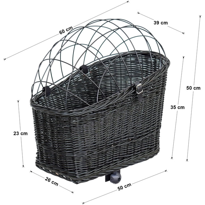 Корзина для собак на велосипед – ручної плетіння з лози, з ґратчастою кришкою, кріпленням для багажника та знімним подушечкою. Розмір: 60 x 39 x 50 см, колір чорний (венге), XL