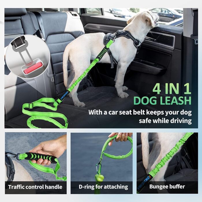 Леєнка для собак IOKHEIRA, регульована (1,2-1,5 м) з безпечним ремінним кріпленням, зручна м'яка ручка та світловідбиваючі нитки (неоновий зелений)