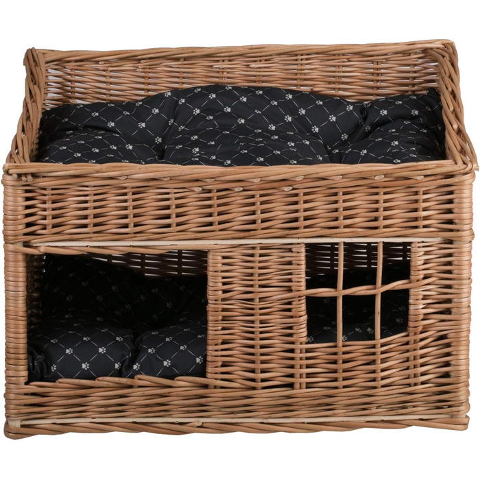 Кішка Будиночок з ротангу прямокутний, двоярусний, з подушкою та вікном (натуральний, чорний)