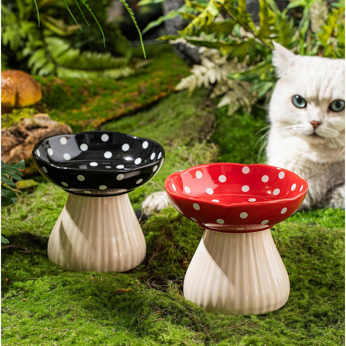 Підвищена годівниця для котів RESVUGA з милим дизайном, безпечна керамічна годівниця для малеких собак, корму та води (Жовтий) (Чорний гриб)