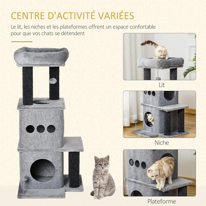 Дряпка для котів PawHut Cosy Chic, багатофункціональний ігровий комплекс з будиночком, платформами, лежаком і ігровим м'ячем, знімний та миючий фетровий плед, плита ДСП, плюш, 48x48x100 см, сірий