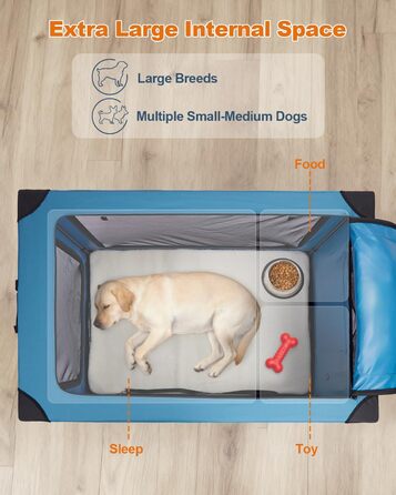 Складаний переносний вольєр для собак Ownpets XXL (122 см), блакитно-чорний, з м'якою підстилкою та міцними сітчастими вікнами