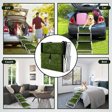 Складні сходинки для собак великих порід, портативні сходи для домашніх тварин з антиковзким покриттям, легкі сходи для собак у автомобілі, SUV, вантажівці. Сходи для собак великих порід до 80 кг (Extra Wide, 5 сходинок з травою)