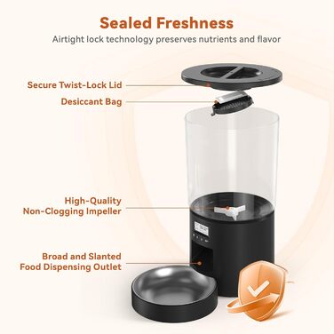 Автомат годівлі для котів 4.2L з програмуванням, з окремою мискою, подвійне живлення, 6 прийомів їжі на день (Чорний), миска з нержавіючої сталі