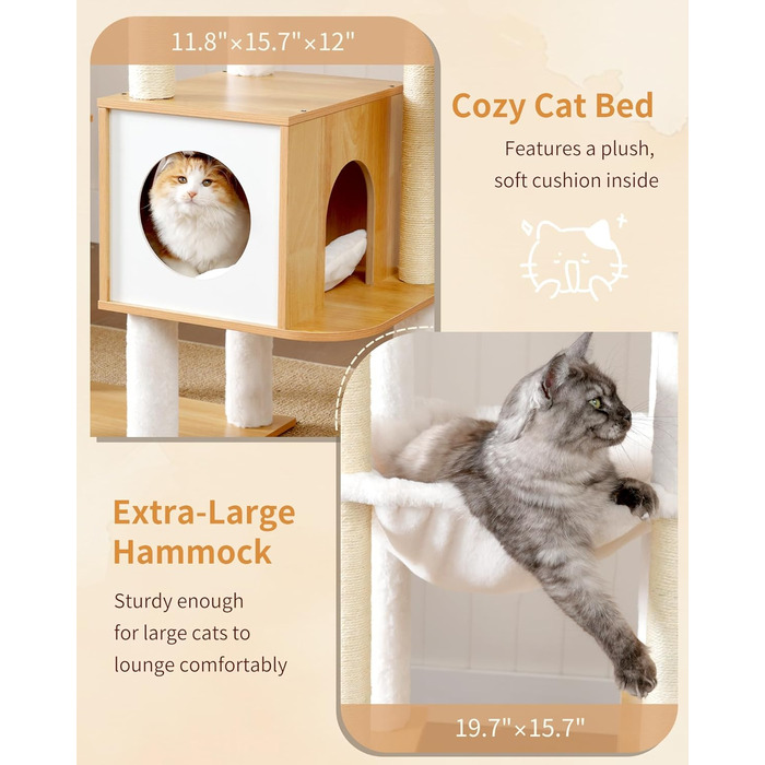 Дерев'яний котячий комплекс Heybly Kratzbaum HCT121WB: 179 см, платформа, будиночок, гамак, сизаль, стабільний, легка збірка