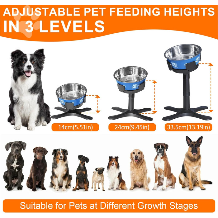 Підставка для годівлі собак, регульована висота, миска для води та корму, 3 рівні, стабільна та неслизька, для малих, середніх та великих собак (Блакитна)