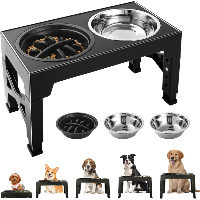 Підвищена годівниця для собак, регульована висота, великі породи - 2 x миска з нержавіючої сталі (1200 мл) + 1 x повільна годівниця (800 мл) - стійка станція для годування середніх/великих собак, чорний/сірий колір