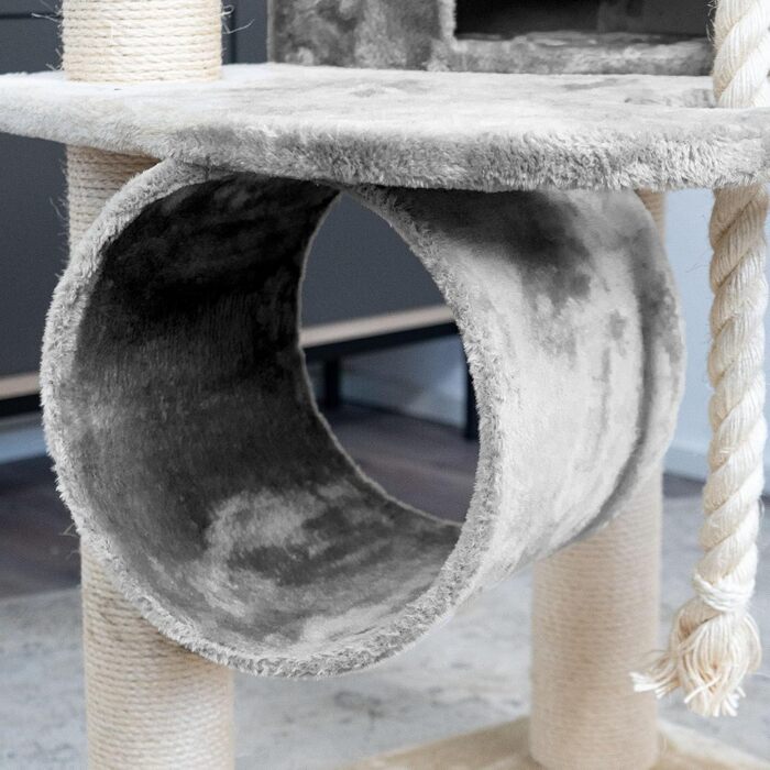 HAPPYPET Дряпка для котів 181 см, стійке котяче дерево, товсті стовпи 11 см, будиночок і ігровий тунель, великі лежанки, канат, сірий