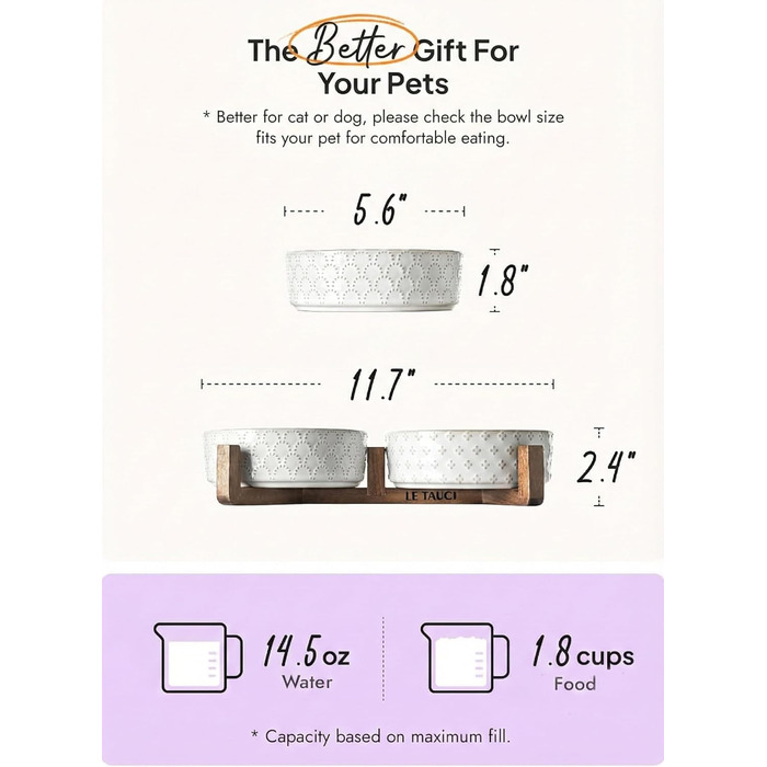 Набори мисок для собак LE TAUCI для маленьких порід, миски для корму та води з підставкою з акації, 1,5 чашки, для собак та котів, важкі миски для тварин S-1.5 Cups