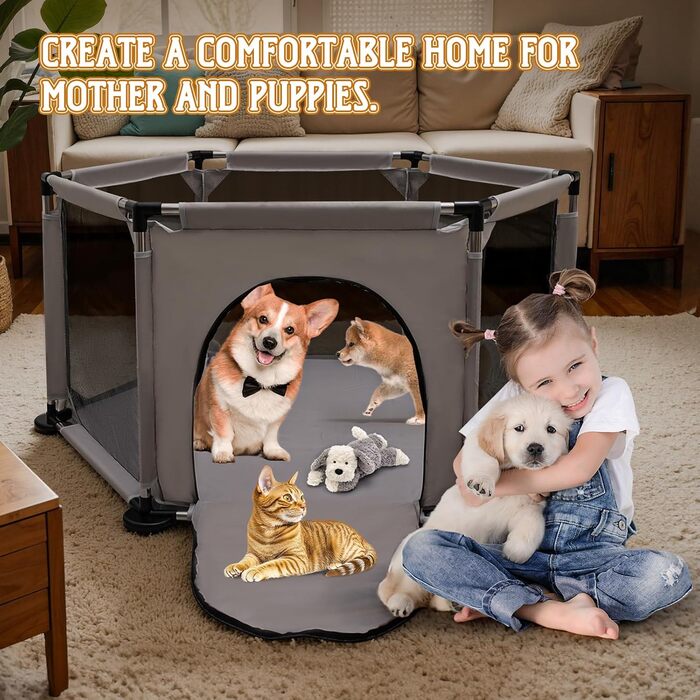 Квадратна переноска для цуценят, ігровий центр, матрац для собак, 122 x 65 см (сірий). Підходить для великих та малих порід.