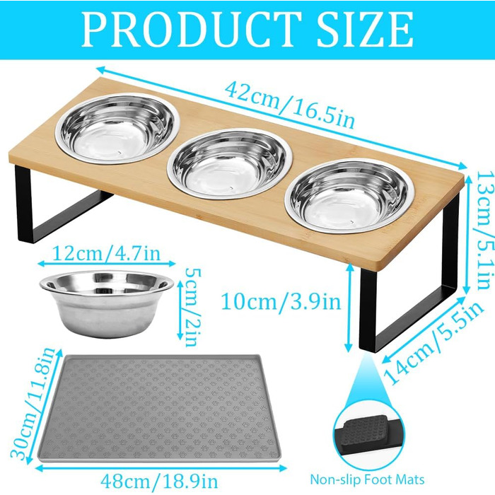 Підвищені годівниці для котів 3 шт. з нержавіючої сталі, 15° нахил, з підставкою з силікону та металевим кріпленням. Миска для корму та води для котів та маленьких собак
